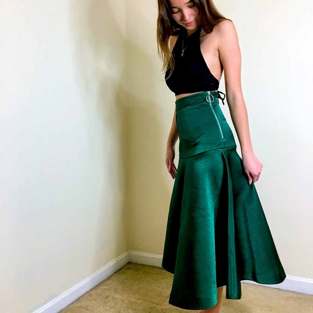 A-Line full length skirt. High waisted, satin-style fabric. Emerald forest green